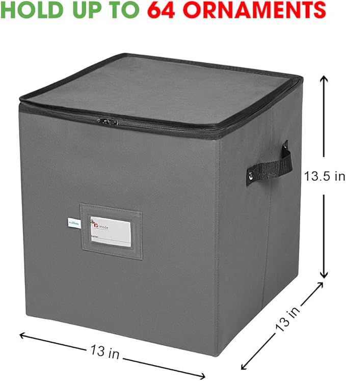 Primode Christmas Ornament Storage Box, 4 Individual Trays Xmas Storage Container, Fits 64 Ornaments Decoration Balls, Constructed of Durable 600D Oxford Material (Gray)