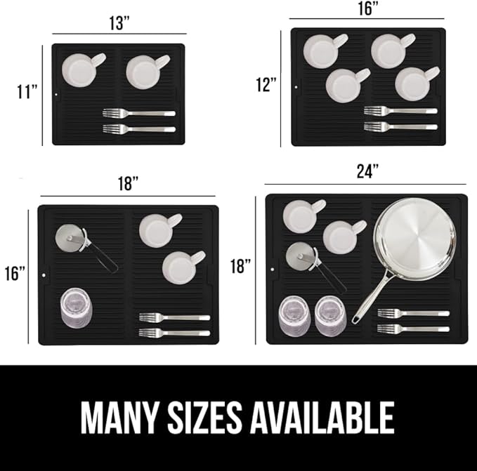 GORILLA GRIP 100% BPA-Free Patented Silicone Dish Drying Mat for Kitchen Counter, 18x24 Inch, Water Catching Ribbed Design, Easy Clean Waterproof Sink Liner, Heat Resistant, Fits Under Rack, Black