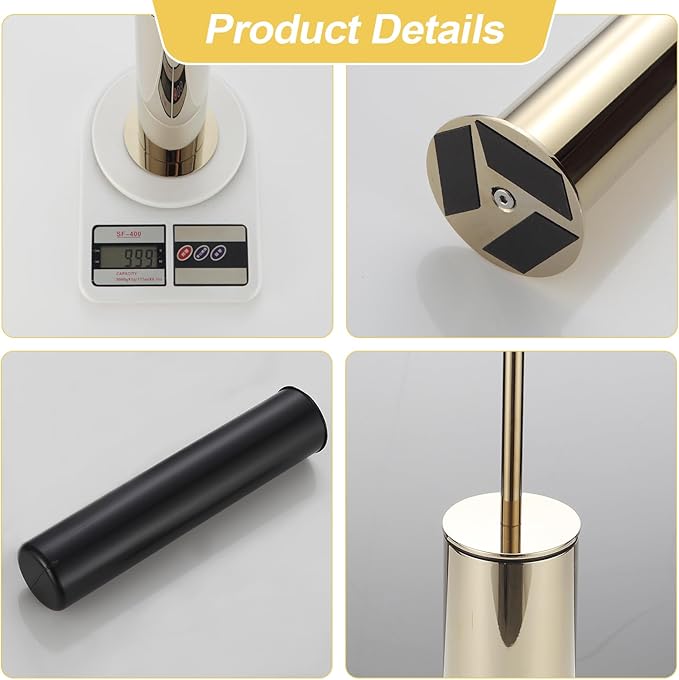 BGL Toilet Brush and Holder Set, Heavy Duty 304 Stainless Steel, Round Base and Long Handle for Bathroom Deep Cleaning, Drip-Proof, Space Saving for Storag, Polished Gold
