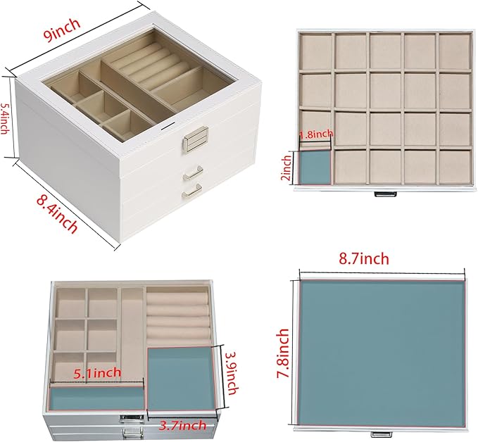 BOOVO Clear Lid Jewelry Box,3 Layers Jewelry Organizer Large Multi-Functional Jewelry Storage Box with 2 Drawers,Jewelry Display Case of Rings Earrings Necklace Bracelets for Women Girls (White)
