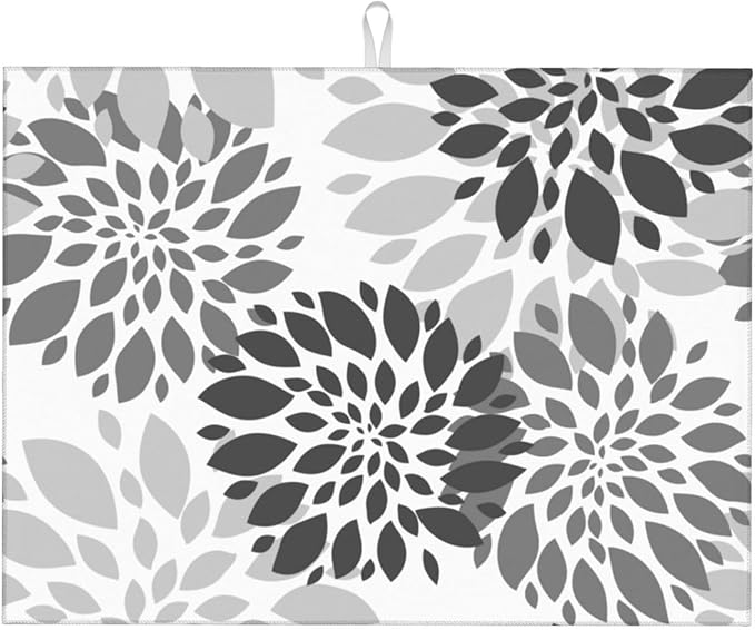 Black White Dahlia Dish Drying Mat for Kitchen Counter Decor Grey Geometric Dish Drying Rack Pad Super Absorbent Reversible Microfiber for Dishes, Utensils, Countertops, Sinks, Coffee 18x24 Inch