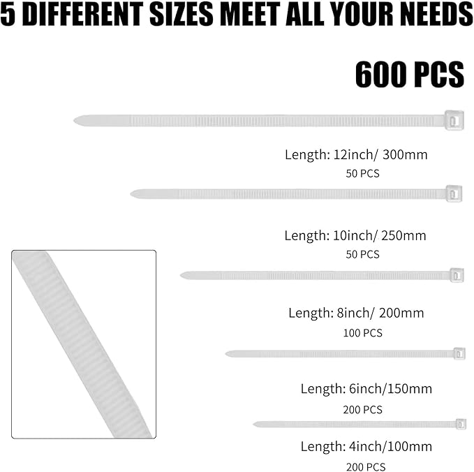 Cable Zip Ties,600 Piece Self-Locking Nylon Cable Ties,Assorted Sizes 4+6+8+10+12-Inch,Multi-Purpose Wire Management Plastic Ties,Perfect for Home,Garden,Office,Travel and Workshop.White