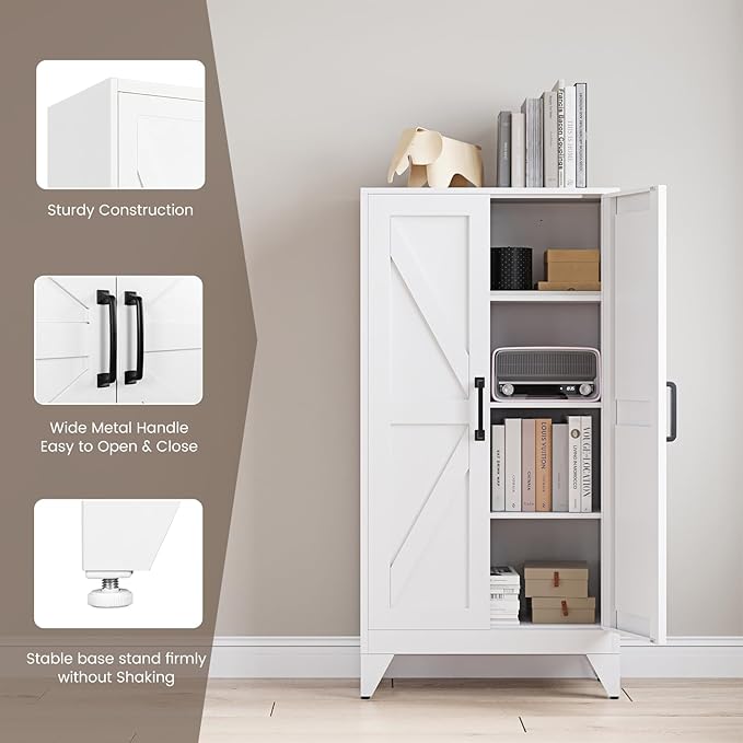 Yizosh Metal Storage Cabinet with 2 Doors and 3 Adjustable Shelves - 47" White Kitchen Pantry Storage Cabinet Locker for Kitchen,Living Room,Dining Room