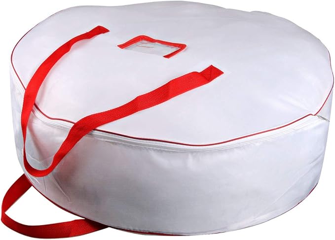 TQS 25" Christmas Wreath Container Bag - Christmas Large Wreath Bag Storage Cover- Reinforced Wide Heavy Duty Handle & Double Sleek Zipper - Protect Your Garlands Party Decorations - White