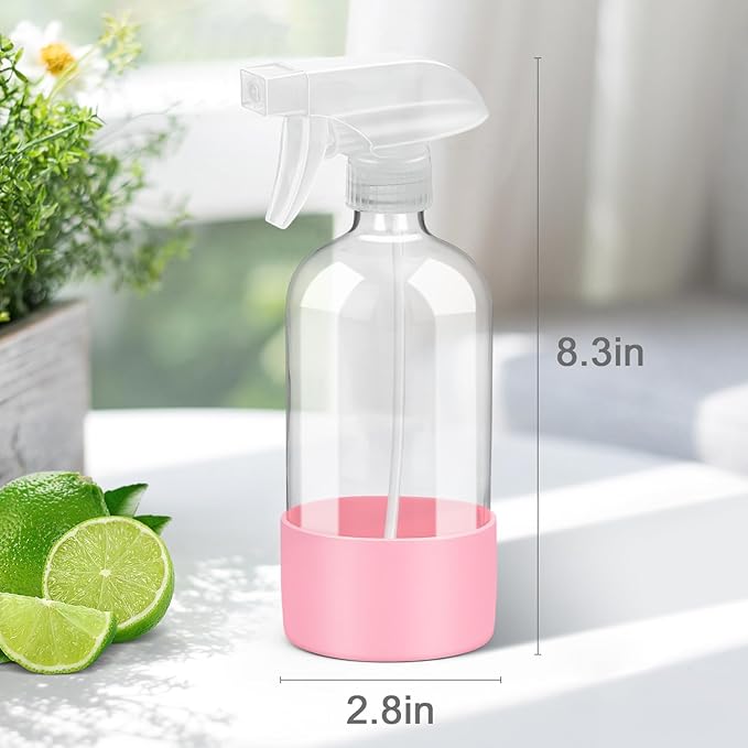 Rionisor Glass Spray Bottles with Silicone Sleeve Protection, Empty 16 oz Refillable Containers, Reusable Spray Bottles with Adjustable Nozzle for Hair, Cleaning Solutions, 3 Pack Pink&Blue&Purple
