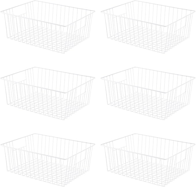 Nprohuge Freezer Organizer Bins, Upright Freezer Baskets for 16, 17, 21 cu.ft Standup Freezer, Wire Storage Baskets with Built-in Handles, 6Pcs, White