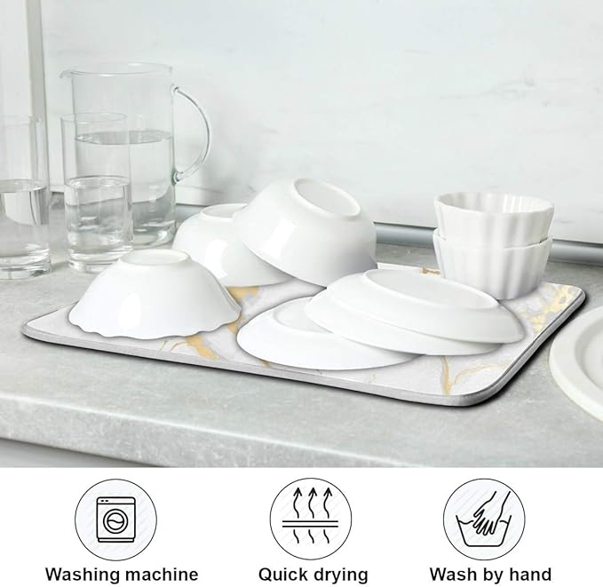 Marble White Dish Drying Mat 16x18 for Kitchen Golden Grey Marble Dishes Pad Dish Drainer Rack Mats Absorbent Fast Dry Kitchen Accessories