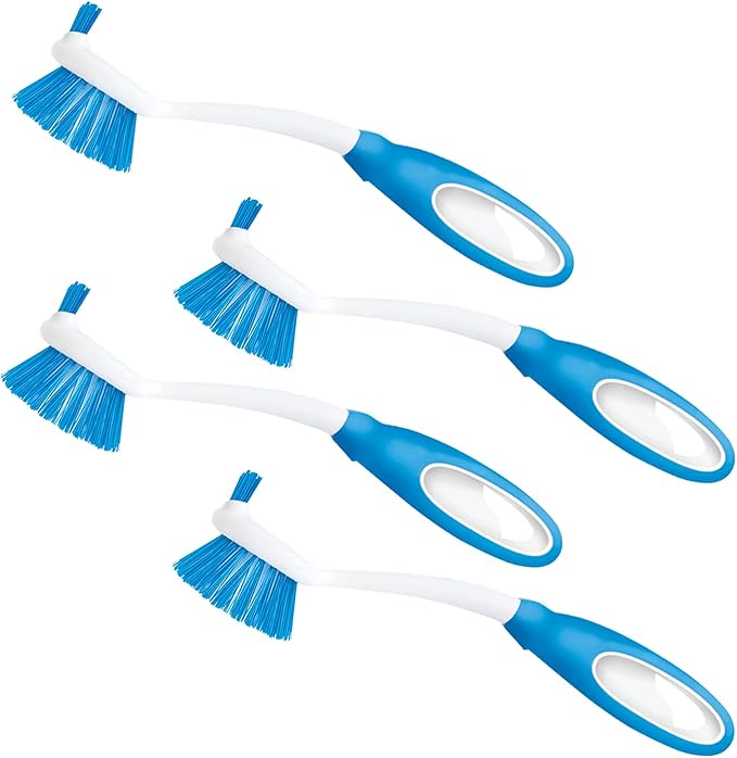 Dish Brush Scrubber for Kitchen, 4 Pack, by LOLA, Has Stiff Bristles & Food Scraper, Comfort No-Slip Grip Handle, Safe for Non-Stick & Coated Cookware