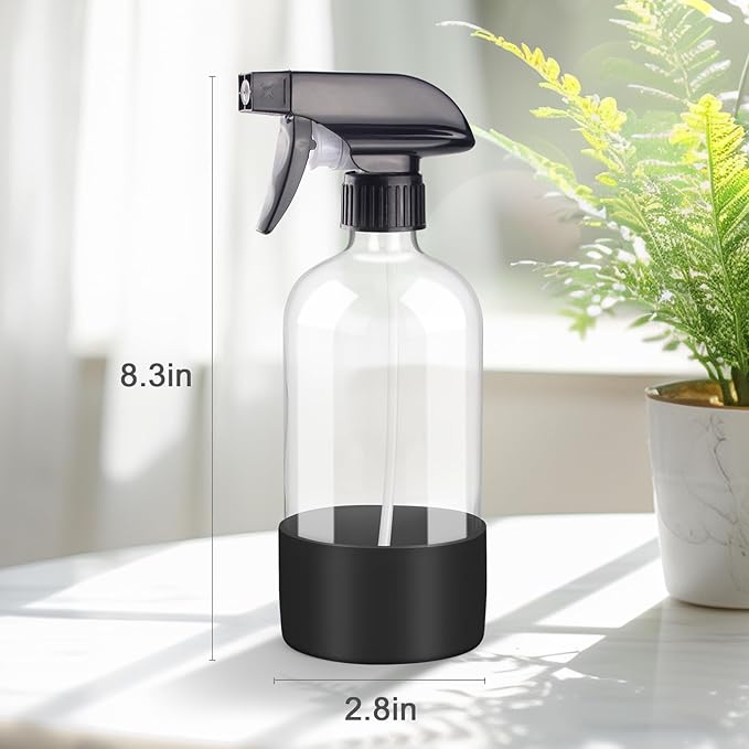 Worldgsb 2 Pack Glass Spray Bottles with Silicone Sleeve, 16 oz Empty Refillable Containers with Adjustable Spray Nozzles, Spray Bottles for Hair, Cleaning Solutions and Plants Black