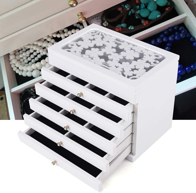 Jewelry Storage Organizer, 6 Layers with 5 Drawers Large Jewelry Organizer Wooden Storage Box Case for Woman (White)