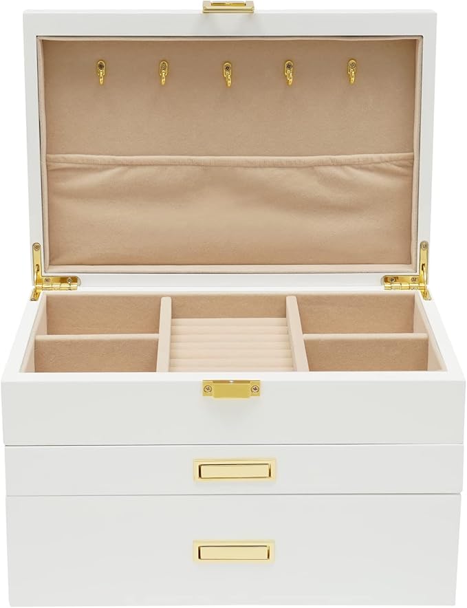 3 Layers Jewelry Storage Box with 2 Drawers, Large Wooden Jewelry Box for Women and Girls Necklace Ring Watch Organizer, White