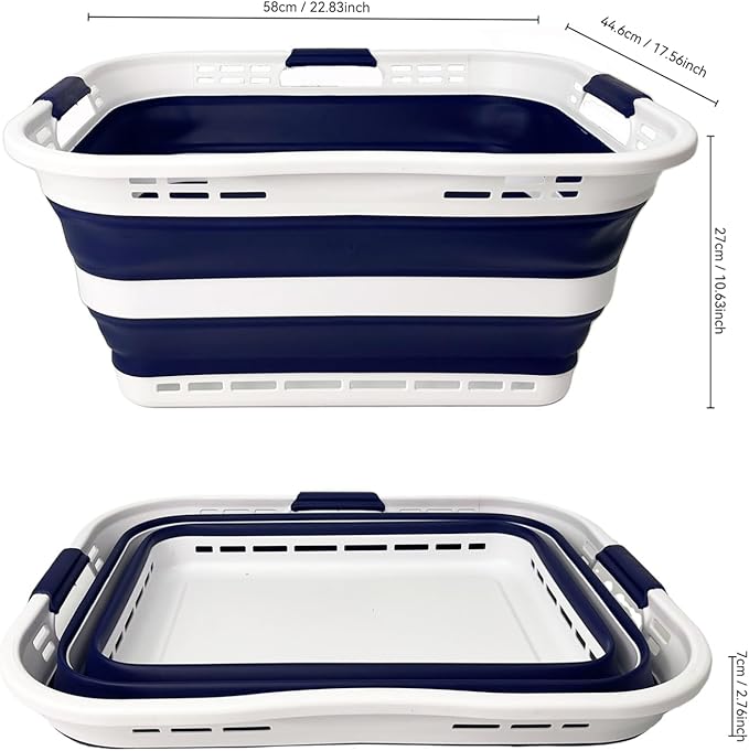 SAMMART 42L (11 Gallon) Collapsible Plastic Storage Basket - Foldable Pop Up Storage Container/Hamper - Portable Laundry Organizer - Space Saving (White/Starry Blue, 42L (Style A))