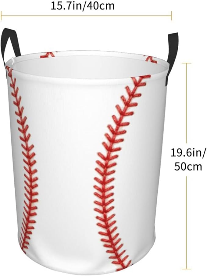 Baseball Laundry Hamper, White with Red Stitching, Collapsible Polyester Storage Basket with Handles, 15.7x19.6 Inches (Baseball)