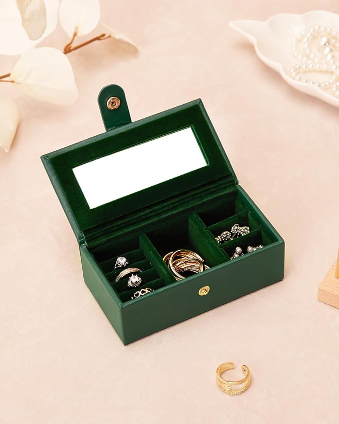 Homde 2 IN 1 Jewelry Box for Women Girls with Small Travel Case Mirror Necklace Ring Earrings Organizer (Forest Green + Gold)