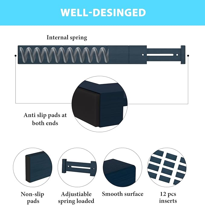 GZOOGHOME 6 Pack Bamboo Drawer Dividers with 12 Inserts, Expandable Adjustable Clothes Drawer Organizers and Storage from 17" to 22" for Kitchen, Bedroom, Dresser, Cosmetics (Navy Blue)