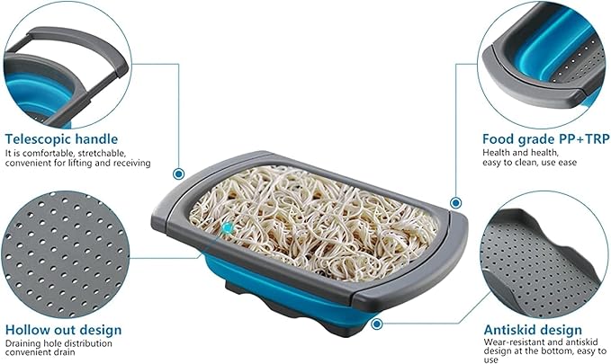 Collapsible Colander Strainer with Extendable Handles - Over the Sink Vegetable/Fruit Colanders Strainers for Kitchen, Capacity of 6 quart (Blue)