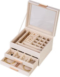 Jewelry Box Organizer with Glass Lid, 3-Layer with Double Drawers, Luxury Velvet Lined Desktop Display Case for Earrings Rings Necklaces, Gift for Women Girls (White)