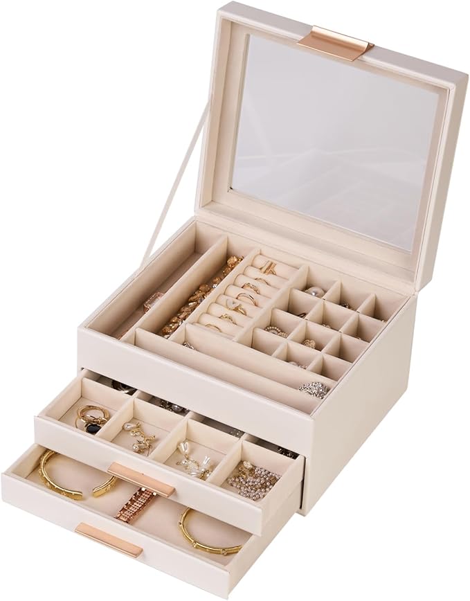 Jewelry Box Organizer with Glass Lid, 3-Layer with Double Drawers, Luxury Velvet Lined Desktop Display Case for Earrings Rings Necklaces, Gift for Women Girls (White)