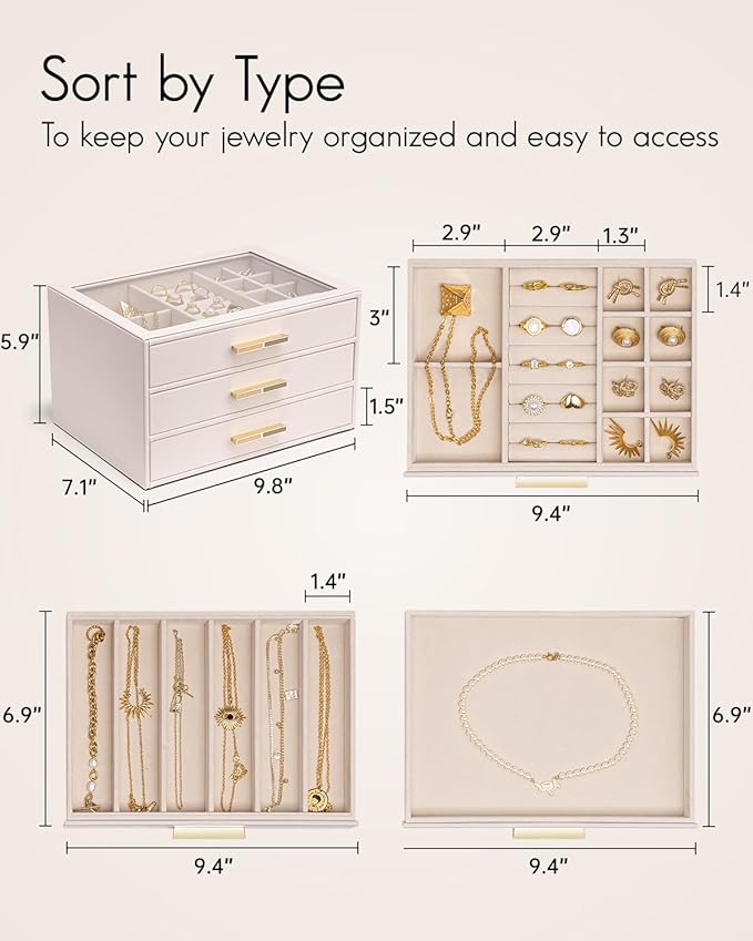 Vlando Jewelry Box for Women Girls,Jewelry Organzier,3 Drawers,Glass Lid Jewelry Organizer Storage for Gem Diamond Necklaces Rings Earrings Bracelets Apricot White
