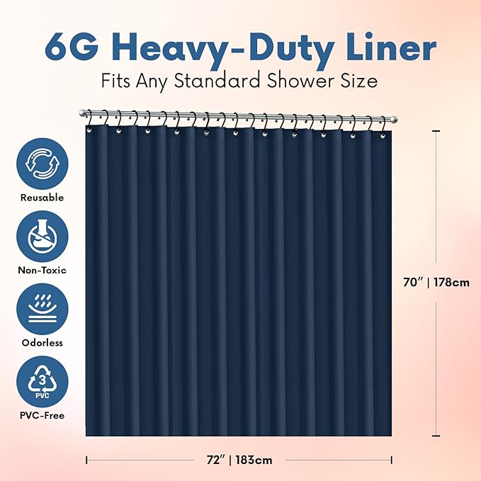 Italian Collection PEVA Shower Curtain Liner 6G Thick, PVC-Free 72" x 72" – Waterproof Bathroom Shower Liner with Metal Grommets & Weighted Bottom Hem – Standard Tub & Stall – Navy