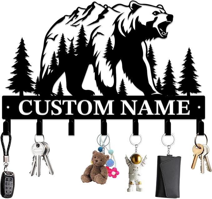 Personalized Custom Name Bear Key Wall Hooks,Metal Bear Keys Clothes Hooks,Metal Bear Wall Home Storage Decorative,For Front Door, Hallway, Kitchen, Bedroom,Keys,Hats (Style A)