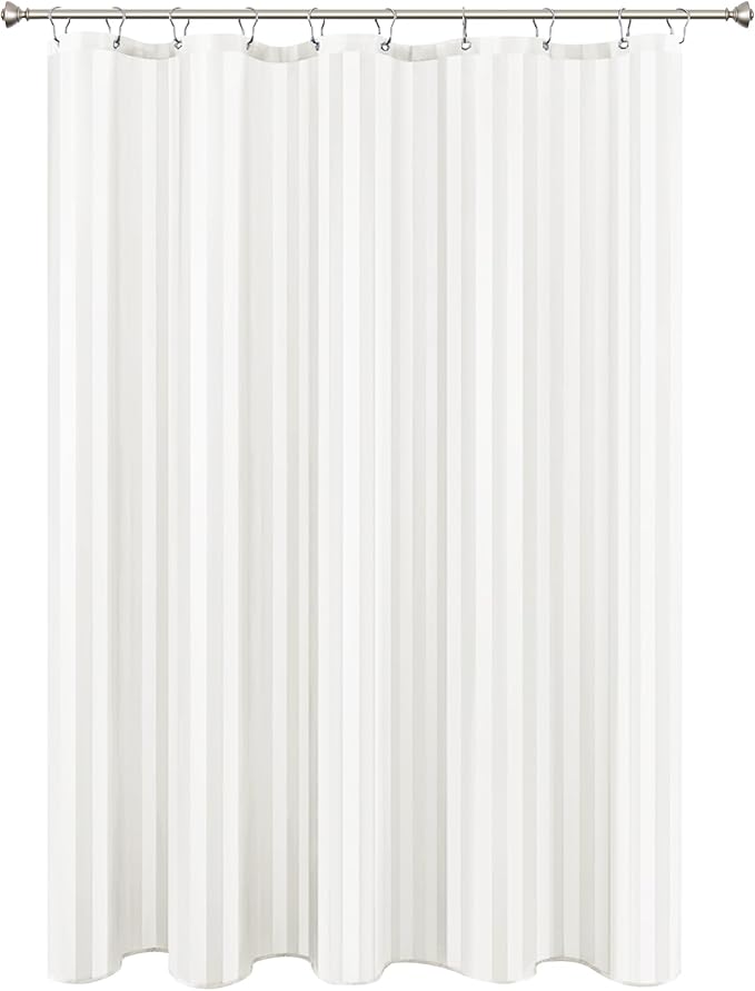 Biscaynebay Fabric Shower Curtain or Liner 72" by 72", Ivory Water Repellent Damask Stripes Bathroom Curtains Machine Washable