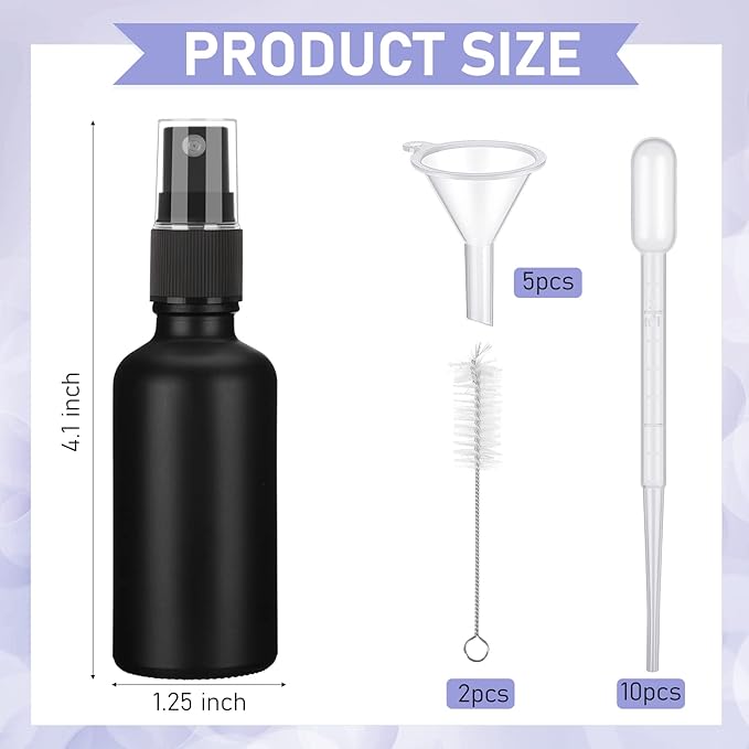 Nuogo 100 Pcs 2 Oz Glass Spray Bottles, Fine Mist Spray Bottle Refillable Cosmetic Bottles Empty Small Bottle with 10 Droppers, 5 Funnels, 2 Brushes for Essential Oil Cleaning Solutions(Black)
