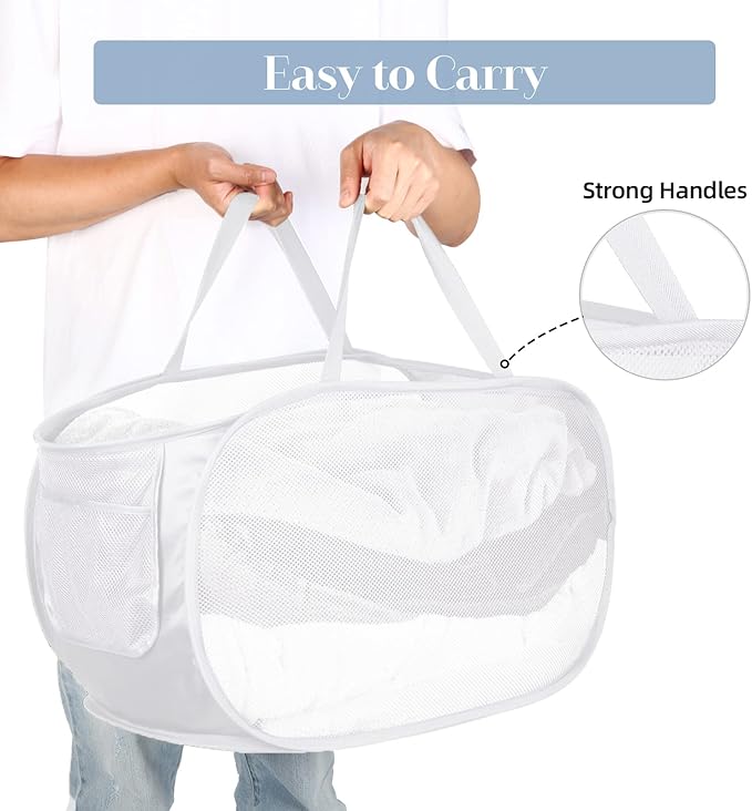 4 Pack Collapsible Laundry Baskets, Foldable Laundry Basket with Pocket, Durable Mesh Pop Up Hampers, Reinforced Handles Dirty Clothes Hamper for Laundry, Bedroom, Bathroom, Dorm, Travel or Camping