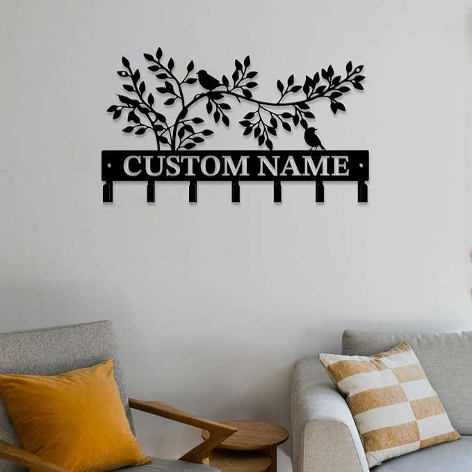 Personalized Custom Name Birds of Trees Wall Key Hooks,Metal Birds of Trees Art Clothes Hooks,Metal Birds of Trees Wall Home Storage Decorative,For Front Door, Hallway, Kitchen, Bedroom(Style A)