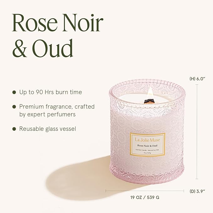 LA JOLIE MUSE Rose Noir & Oud Scented Candle – Lemon, Rose & Oud | Valentine's Day Candle Gift | 19 oz Large Wooden Wick Candle | Natural Soy Wax | 90 Hours Clean Burn | Elegant Home Décor