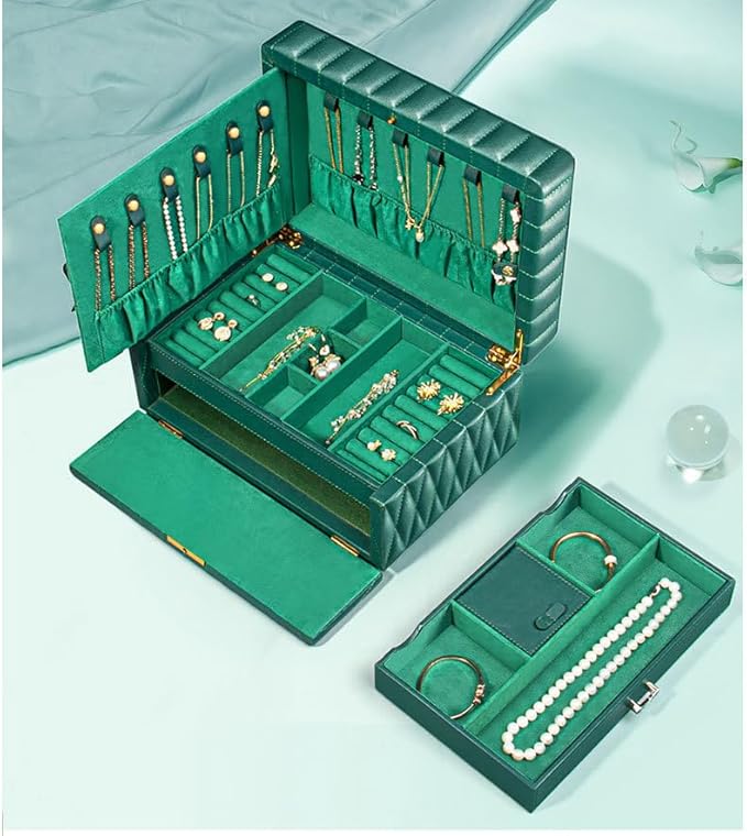 Genuine Leather Jewelry Box – 2 Layer Large Jewelry Organizer with Mirror, Lockable Jewelry Box for Women – Necklace, Ring, Earring Organizer with Drawer –Valentine's Day Gift (Green)