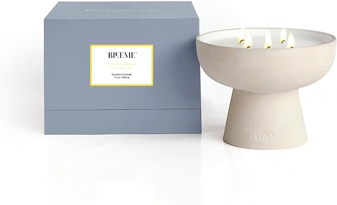 Blueme Happiness Candle | Yuzu & Ginger | 5 Wick - Refillable Wellness Candle with Essential Oils, Hand Finished & Poured Soy Wax Blend Ceramic Vessel, Natural Cotton Wicks | Large 24 oz