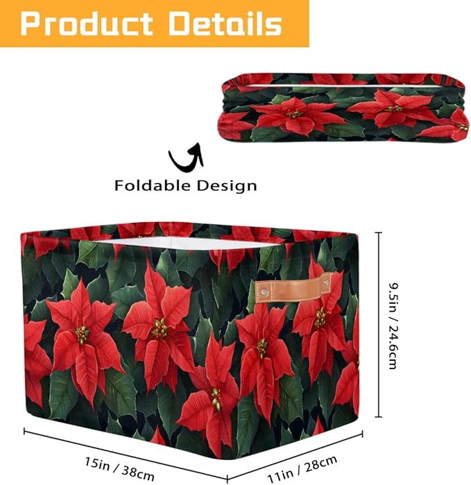 Storage Baskets Bin, Christmas Winter Poinsettia Collapsible Canvas Fabric Storage Bin Decorative Baskets Toy Organizer Rectangle Storage Boxes with Handles for Home Shelves Nursery, J-006