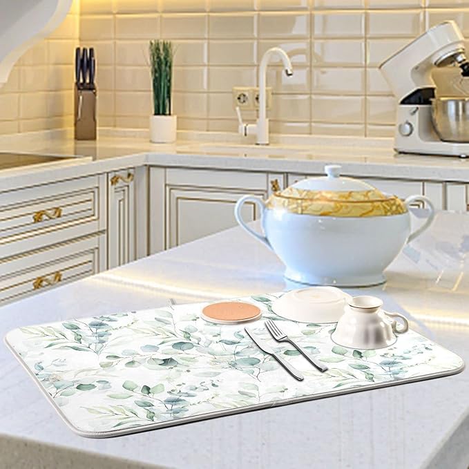 Green Leaves Dish Drying Mat for Kitchen Counter Herb Plant White Drying Mats Super Absorbent Reversible Microfiber Kitchen Countertop Protector Dishes Pad Large 18x24 inch