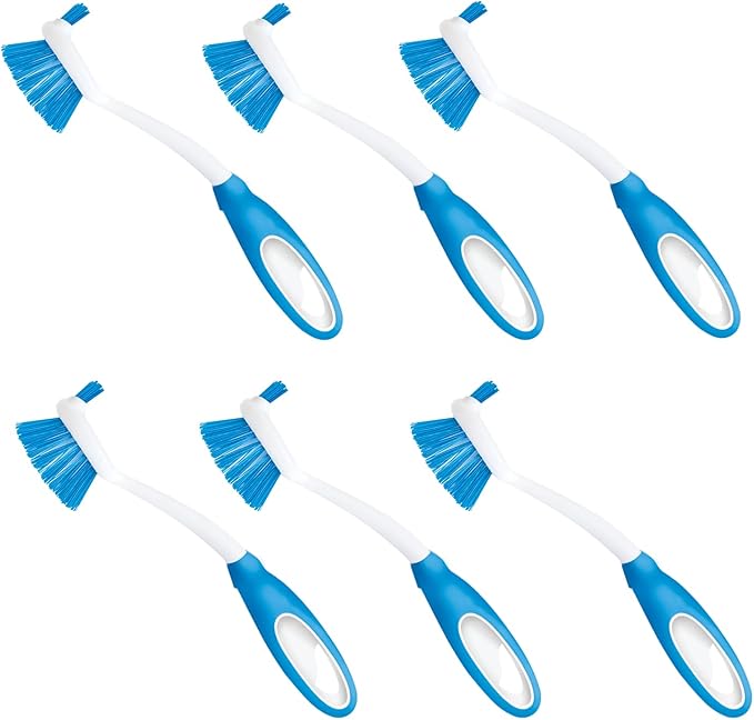 Dish Brush Kitchen Scrubber, 6 Pack, by LOLA, Has Stiff Bristles & Food Scraper, Comfort No-Slip Grip Handle, Safe for Non-Stick & Coated Cookware