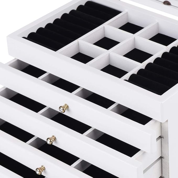 Jewelry Storage Organizer, 6 Layers with 5 Drawers Large Jewelry Organizer Wooden Storage Box Case for Woman (White)