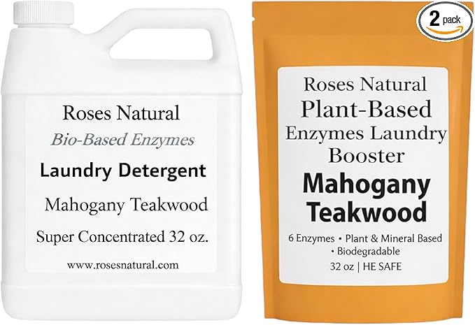 Bio-Based Enzymes Laundry System – Liquid Laundry Detergent (32 fl oz) + Enzyme Booster (32 oz) Bundle – Plant-Based, Low-Suds, HE Safe, Made in the USA (Mahogany Teakwood)