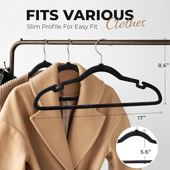 100 Pack Velvet Hanger for Shirt Pants Dresses Skirts Suits Jackets - Slim Space Saving Design - Standard Coat Hanger - Sturdy & Durable Design with Shoulder Grooves Hook