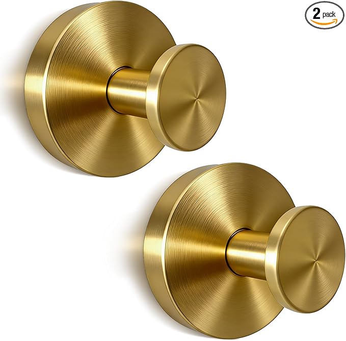 2026 Brushed Gold Suction Cup Hooks for Shower - No Drill Decorative Hooks Hold Towels & Wreaths on Glass Door & Bathroom Mirror - Luxury Finish Heavy Duty & Waterproof (2 Pack)