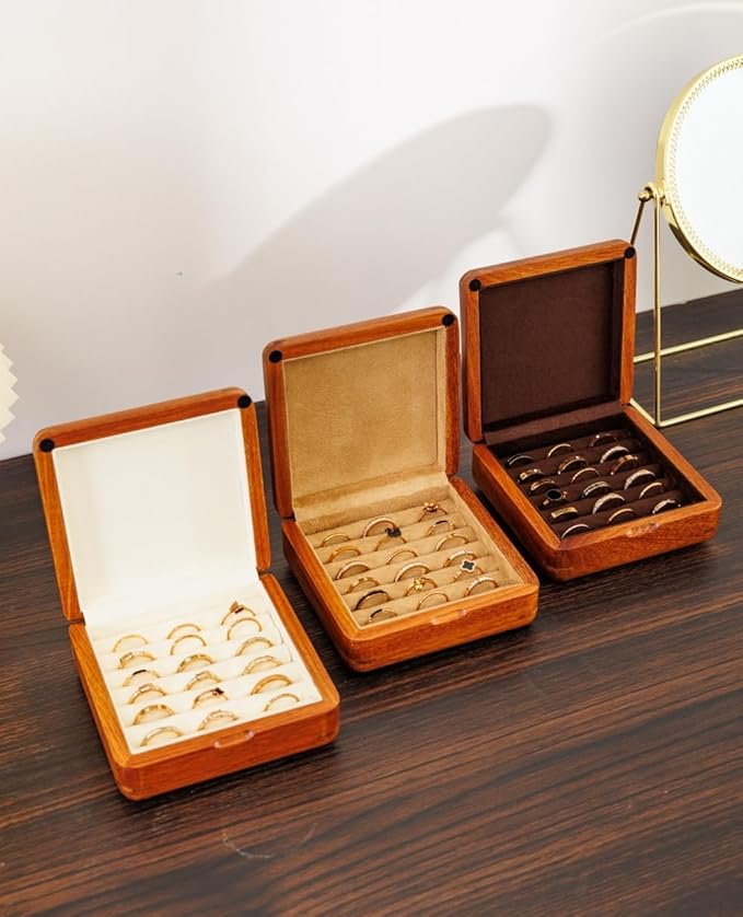 Jewelry Case Solid Wood Jewelry Organizer Box for Multiple Rings Cufflinks Earrings Portable Travel Storage Rings Case Wooden Holders Vintage Gift for Women Valentine Mother's Day Idea