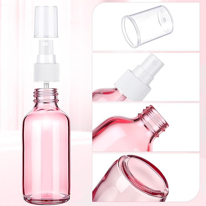 Nuogo 50 Pieces Mini Glass Spray Bottles Bulk 4 Oz Fine Mist Bottles with Funnel Dropper and Cleaning Brush Refillable for Essential Oils, Perfumes and Aromatherapy (Pink)