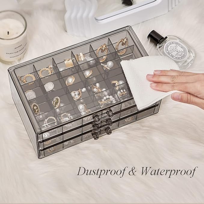 Earring Storage Box Organizer 3 Drawers Acrylic Jewelry Storage Box Holder Transparent Jewelry Display Stand with 72 Small Compartments Gift for Women Girls (Clear Black)