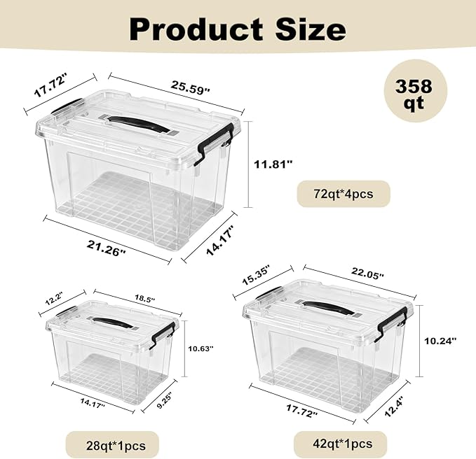 Clear Storage Bins with Lids, 358QT (4 Pack-72 QT, 1 Pack-42 QT, 1 Pack-28 QT) Stackable Plastic Organizer for Home, Office, Garage, BPA-Free, Heavy-Duty with Secure Latches & Handles