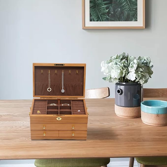 Wooden Jewelry Box,Vintage Jewelry Organizer with Lock,3 Layers Large Capacity Jewelry Holder Watches Necklace Ring Storage Box (Wooden)
