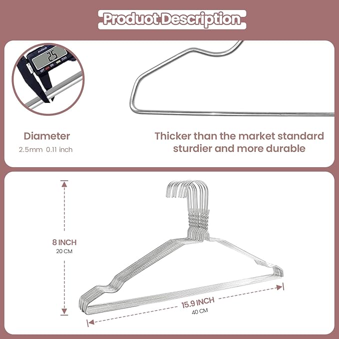 Jiang&Rong 100 Pack Metal Wire Hangers with Non Slip Notch - 16 Inch Slim Space Saving Coat Hangers for Dry Cleaners & Home - 12 Gauge Ultra Thin Clothing Hangers, Bulk Pack (100, Silver)