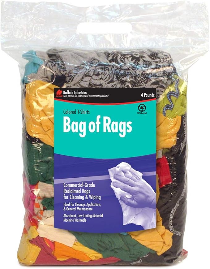 Buffalo Industries (10080PB) Recycled Multicolored T-Shirt Cloth Rags, 4 lb. bag, All-Purpose Rag for Cleaning, Paint Spills and Cleanup, Staining, Polishing, Dusting, Made from Recycled Materials