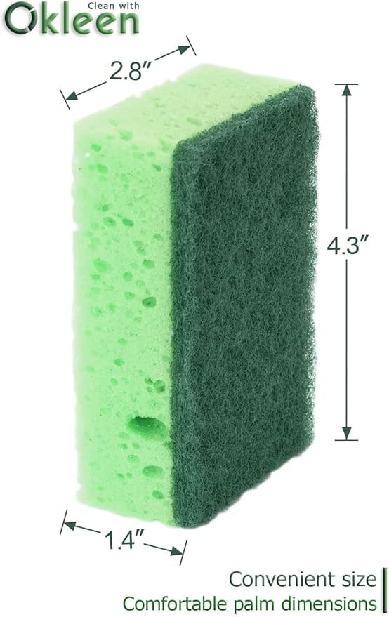 Okleen Green Multi Use Scrub Sponge. Made in Europe. 18 Pk, 4.3x2.8x1.4 inches. Odorless Heavy Duty and Non Scratch Fiber. Thick, Durable and Delicate Scrubber for Pans, Bowls, Jars, Sink, Floor