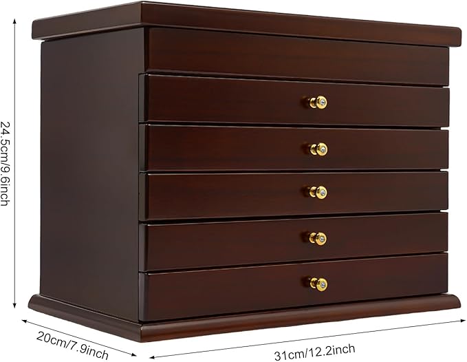 Jewelry Storage Organizer, 6 Layers with 5 Drawers Large Jewelry Organizer Wooden Storage Box Case for Woman (Brown type1)