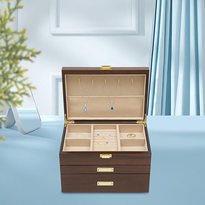 3-Layer Jewelry Box Organizer with Lock and Hooks,Jewelry Chest for Women Girls, Retro Display Jewellery Holder Organizer Storage Box for Necklace Earrings Rings Bracelets