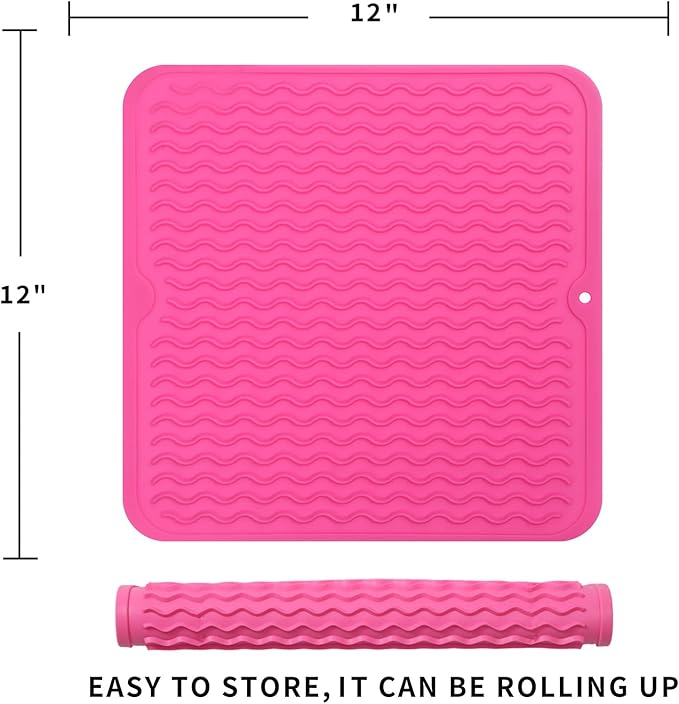 MicoYang Silicone Dish Drying Mat for Multiple Usage,Easy clean,Eco-friendly,Heat-resistant Silicone Mat for Kitchen Counter or Sink,Refrigerator or Drawer liner Rose M 12 inches x 12 inches